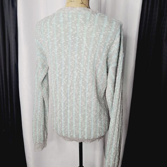 Vintage 80s 90s Mint Green Grey Striped Loose Knit Slouchy Sweater - Picture 3 of 12